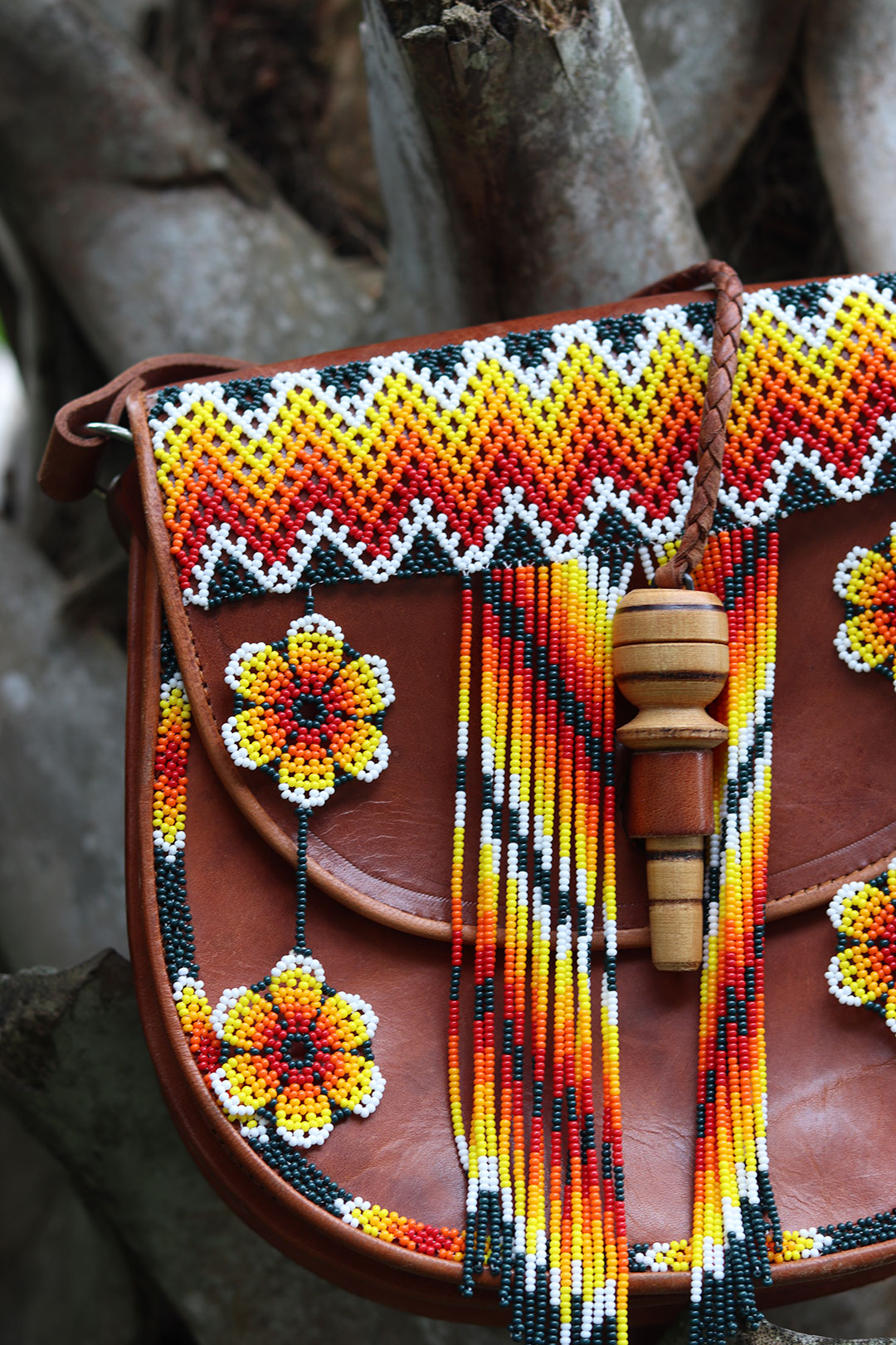 Close-up of chaquira beadwork